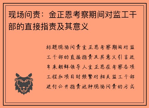 现场问责：金正恩考察期间对监工干部的直接指责及其意义