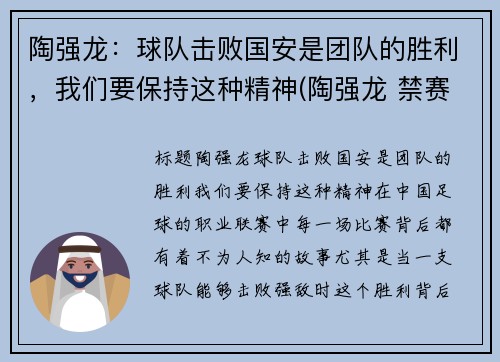 陶强龙：球队击败国安是团队的胜利，我们要保持这种精神(陶强龙 禁赛)