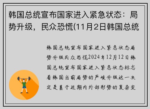 韩国总统宣布国家进入紧急状态：局势升级，民众恐慌(11月2日韩国总统入狱)